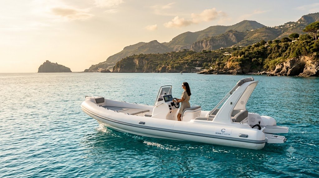 Private boat rental in Ischia with a RIB cruising along the island coast at sunset